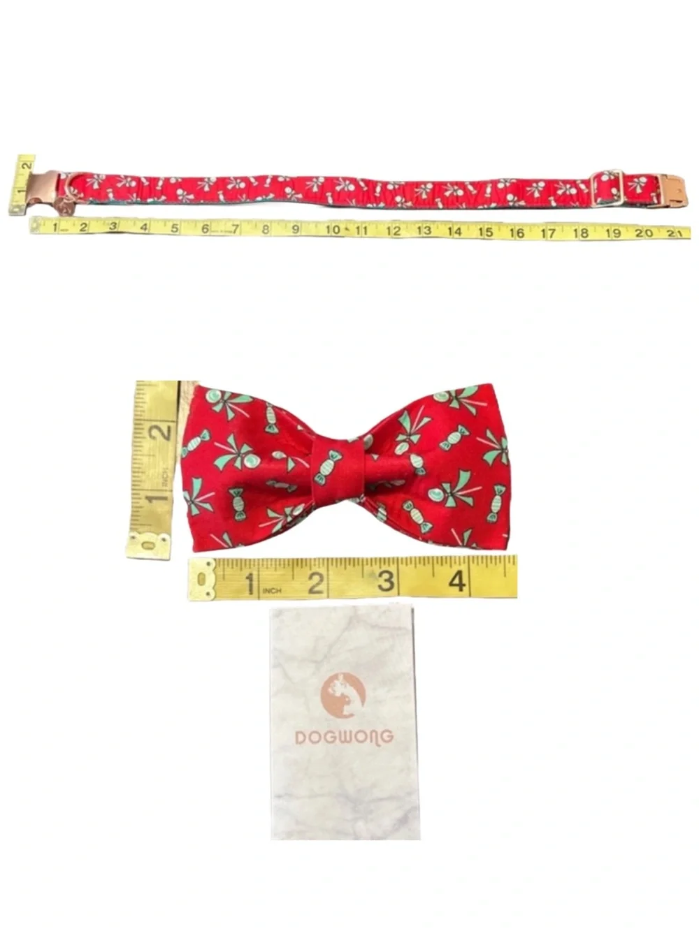 Dog Collar Bow Tie Set S/M Red Candy Print Rose Gold Dog Accessory NWT